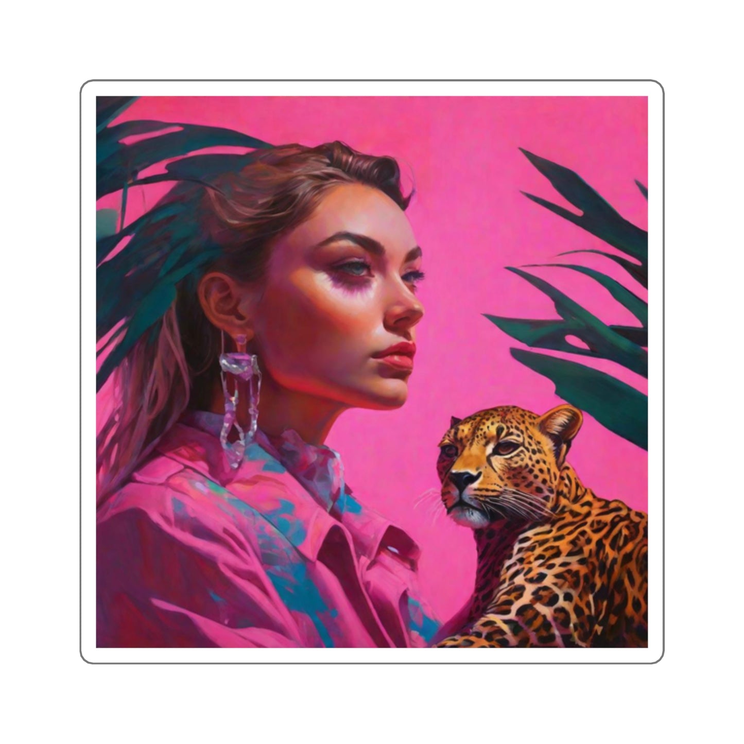 Square Stickers Ai Girl with Cheetah