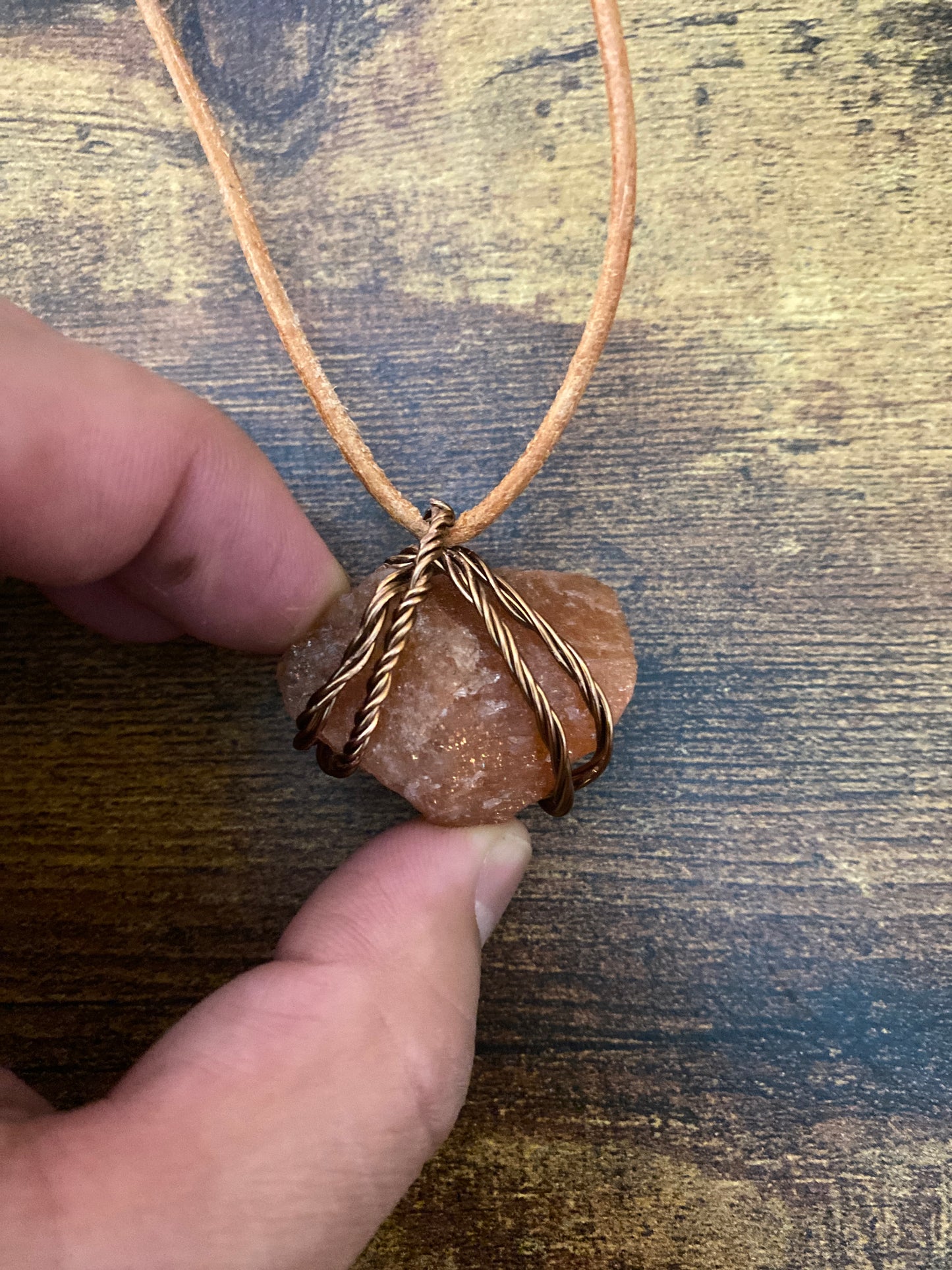 Sunstone Necklace Intertwined with Copper Strand