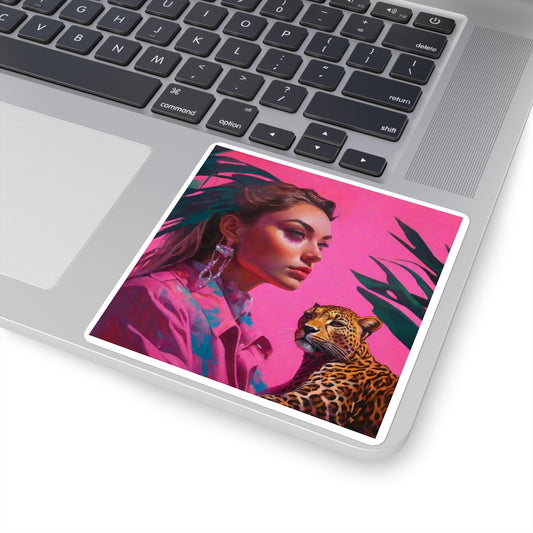 Square Stickers Ai Girl with Cheetah